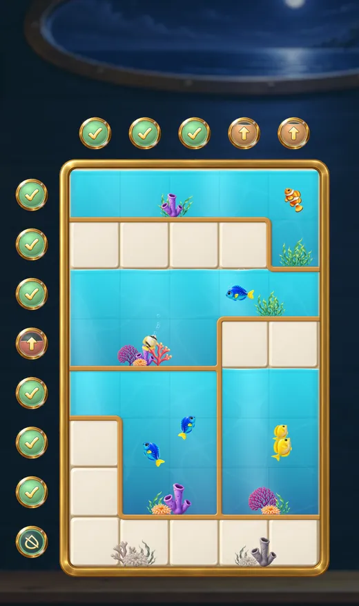 A puzzle board of aquariums with fish and corals. Gold orbs along the rows and columns, most of them glowing green.
