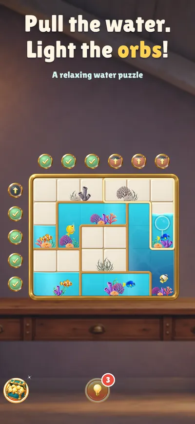 A puzzle board with aquariums of water and gold orbs along the rows and columns, most of them green.
