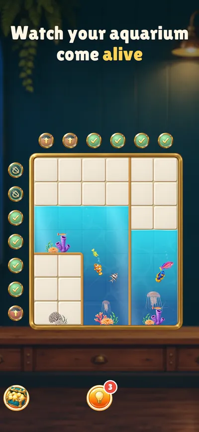 Tall aquariums with jellyfish and fish swimming among corals.