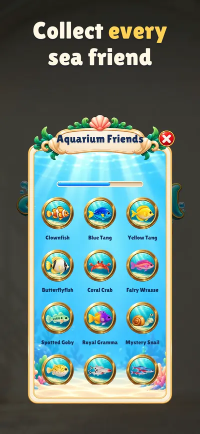 The Aquarium Friends album with a clownfish, a blue tang, a crab, a snail and other sea friends.