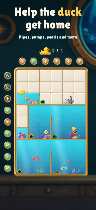 A rubber duck floating in an aquarium that is linked to others by pipes.