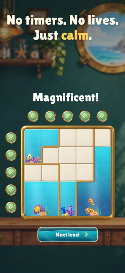A solved level with every orb green and a Next level button.